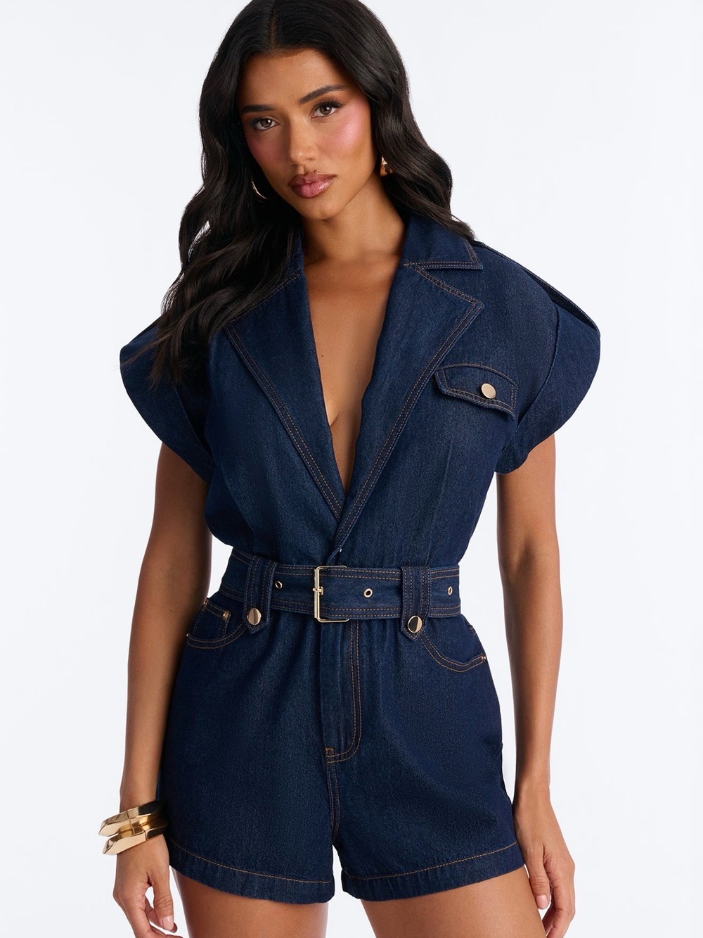Dark Blue Denim Short Romper with Belt